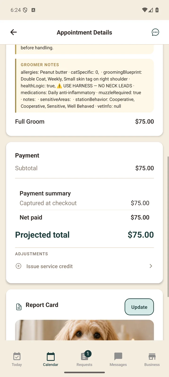 Appointment detail with services, prices, and payment status