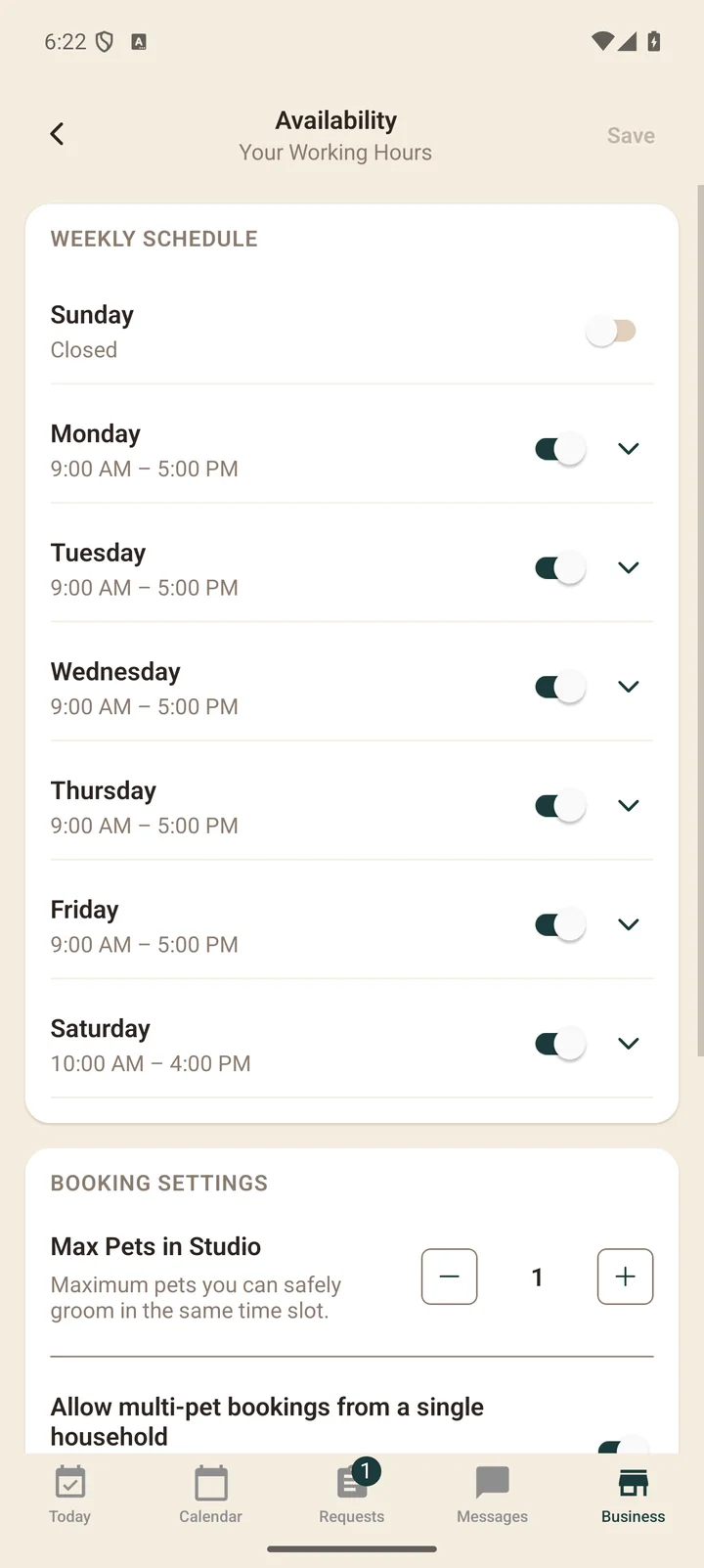 Availability editor with working hours and a blocked date
