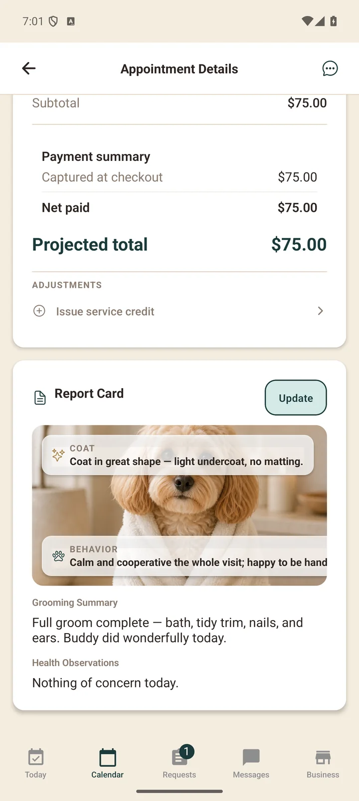 A sent groom report card with photo and notes