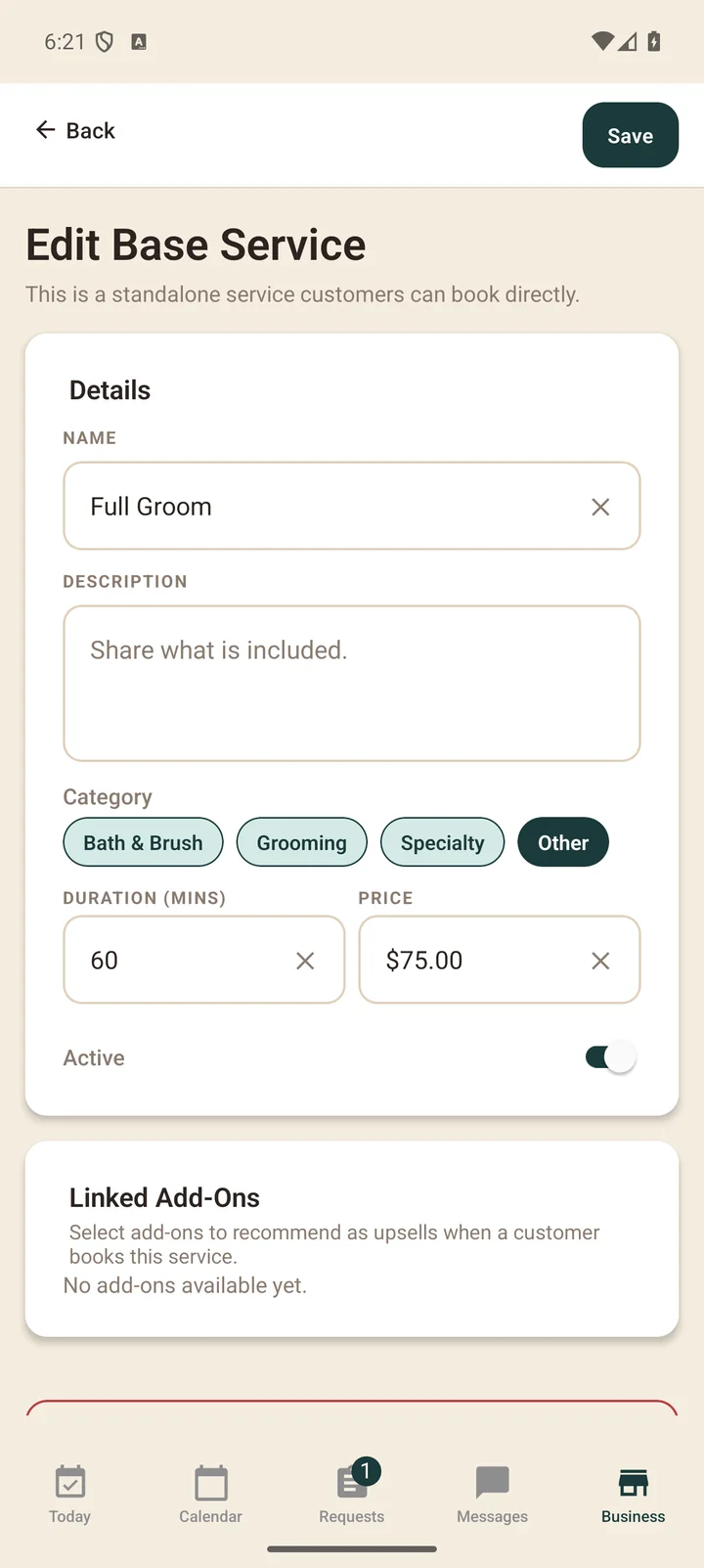 Services editor with groomer-set prices
