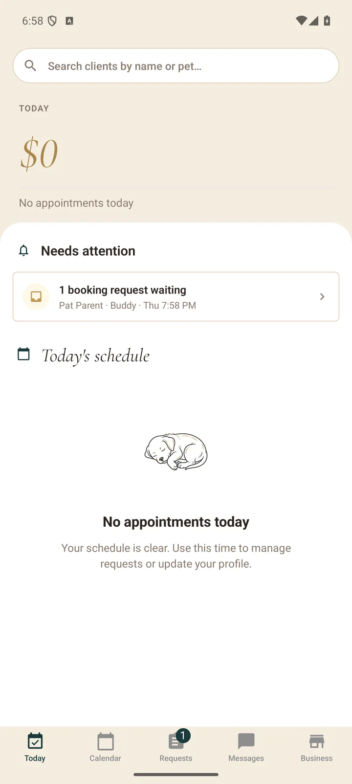Today dashboard with a booking request waiting
