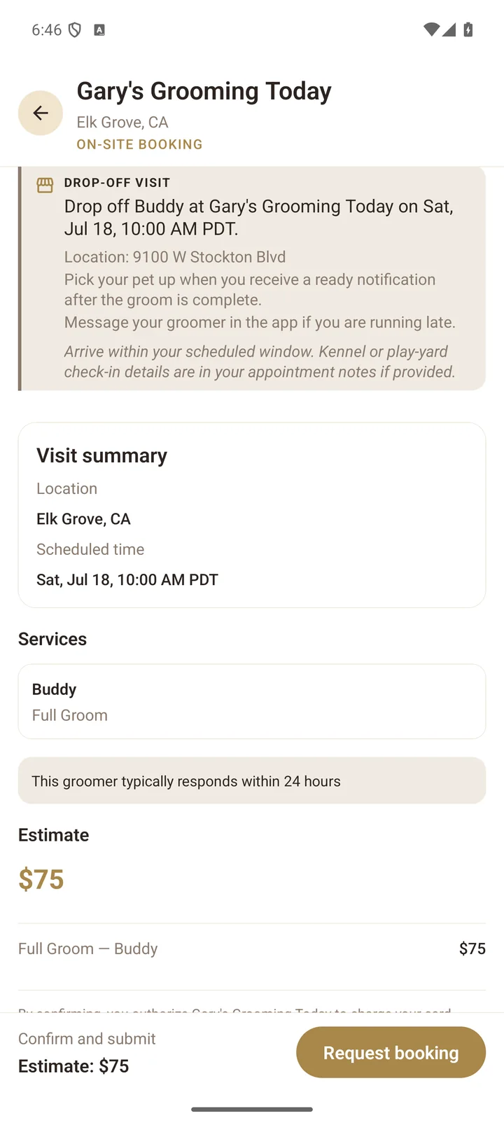 Parent booking review step showing the full total before confirming