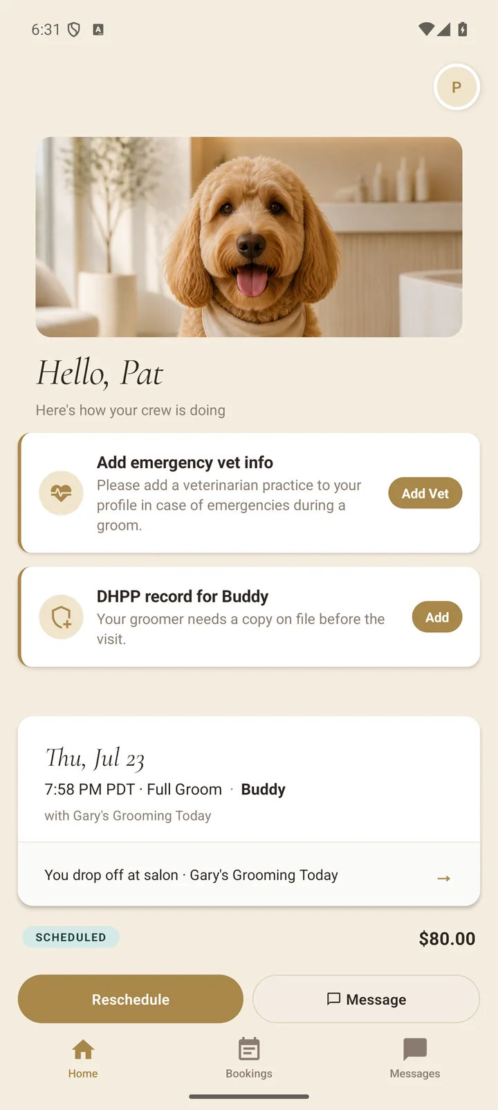 Pet parent home screen with upcoming appointment