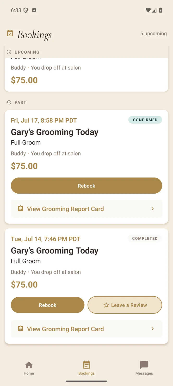 Past bookings list with Rebook buttons