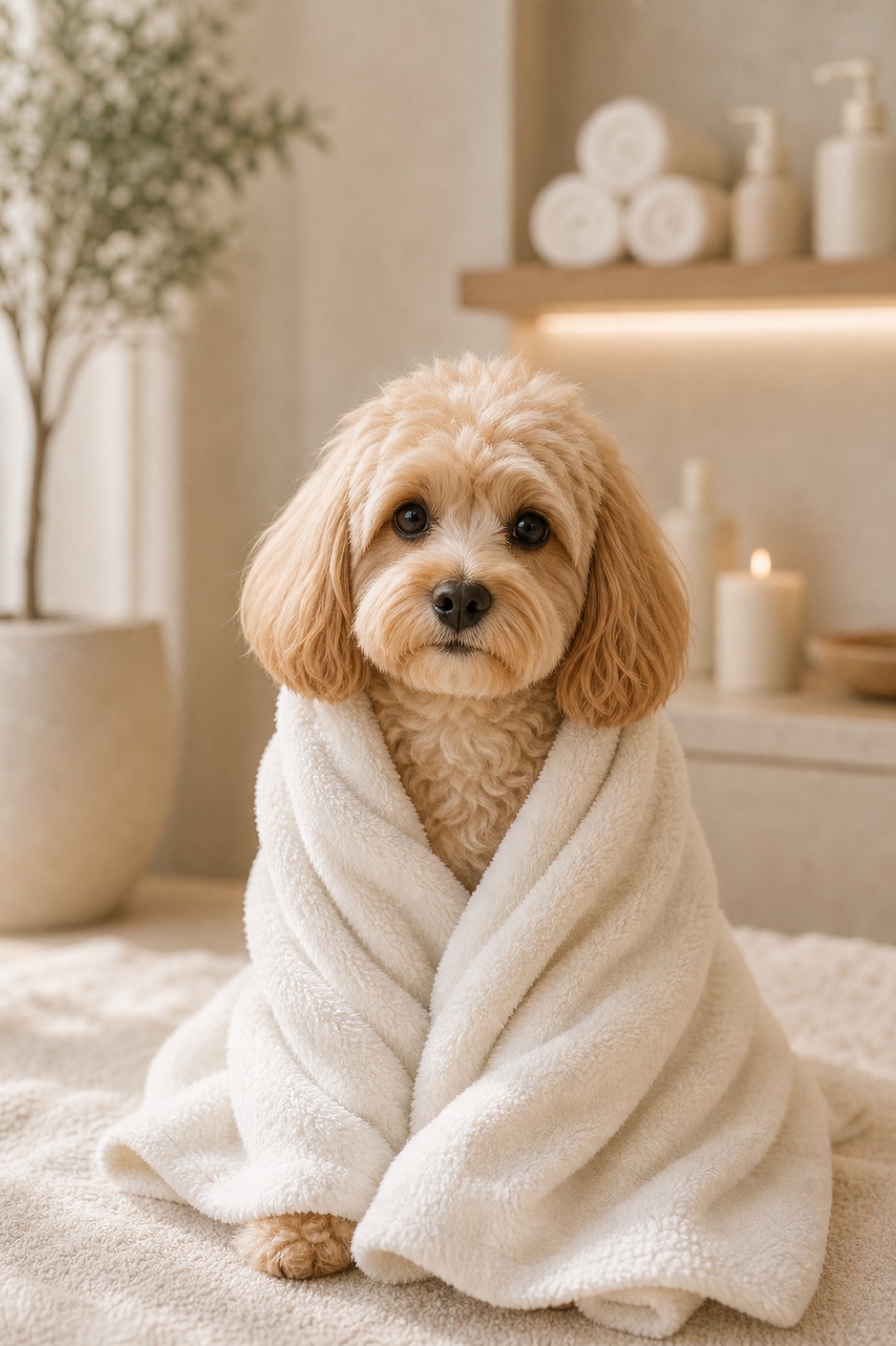 A freshly groomed dog wrapped in a soft spa towel