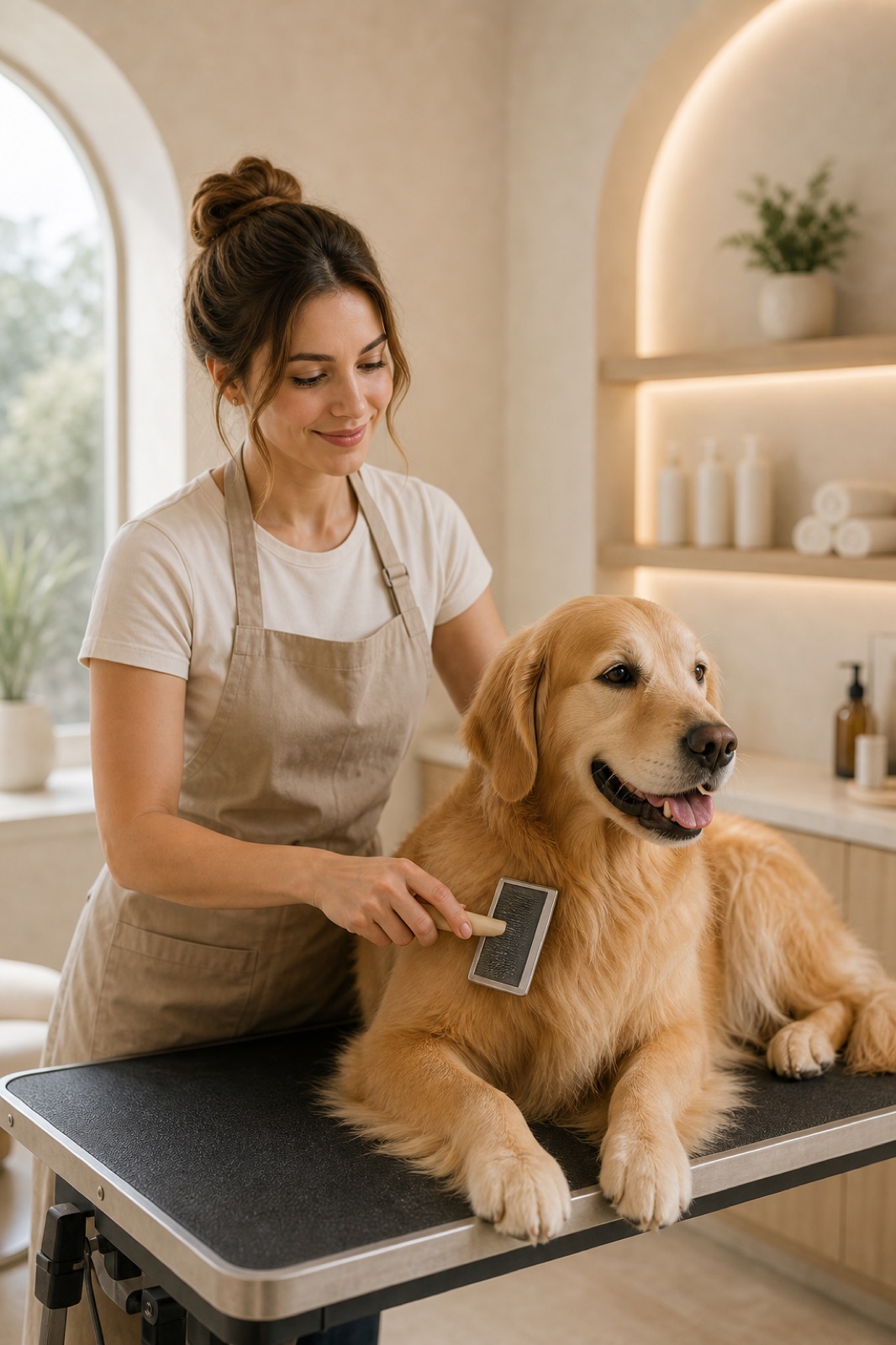 A groomer brushing a relaxed golden retriever in a calm boutique studio