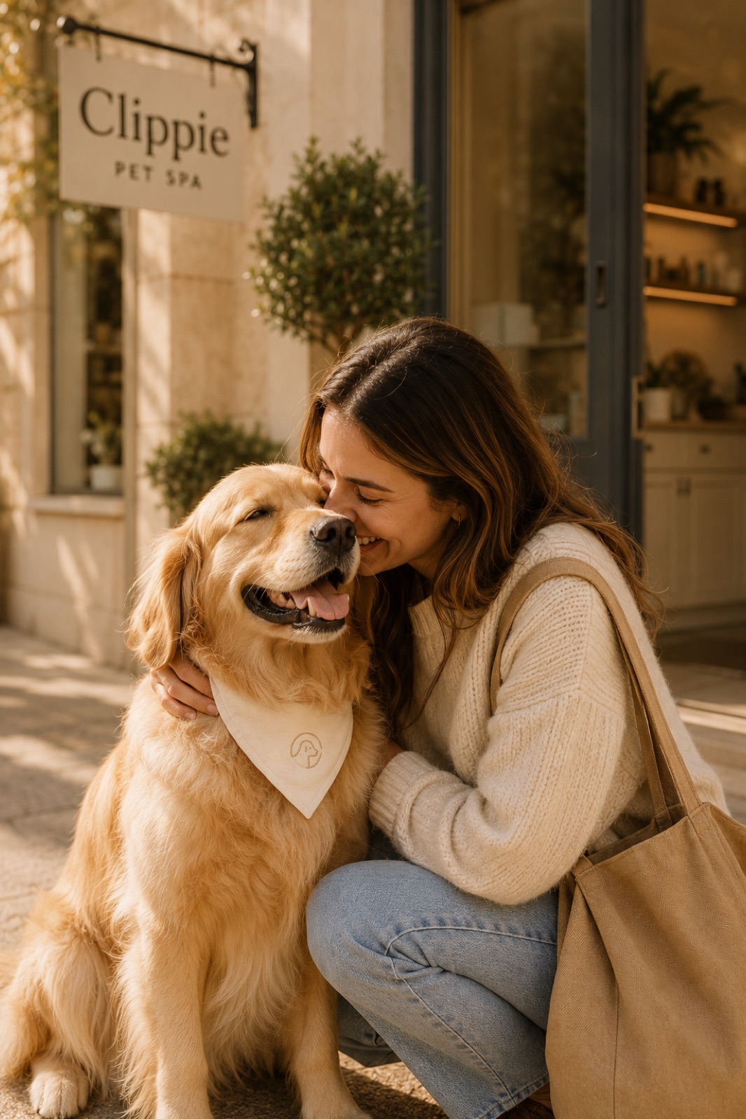 A freshly groomed golden retriever nuzzling its owner