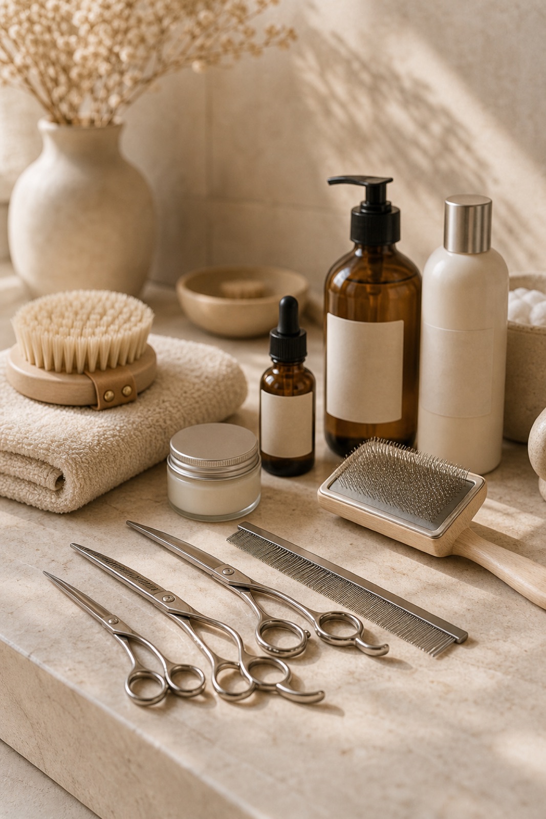 Premium grooming tools arranged on a warm work surface