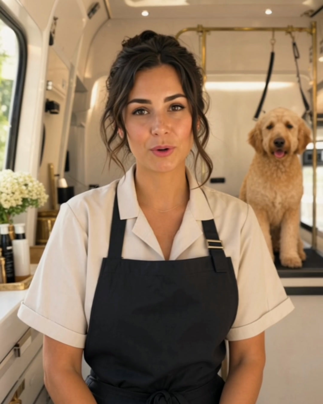 A professional groomer in her mobile grooming studio