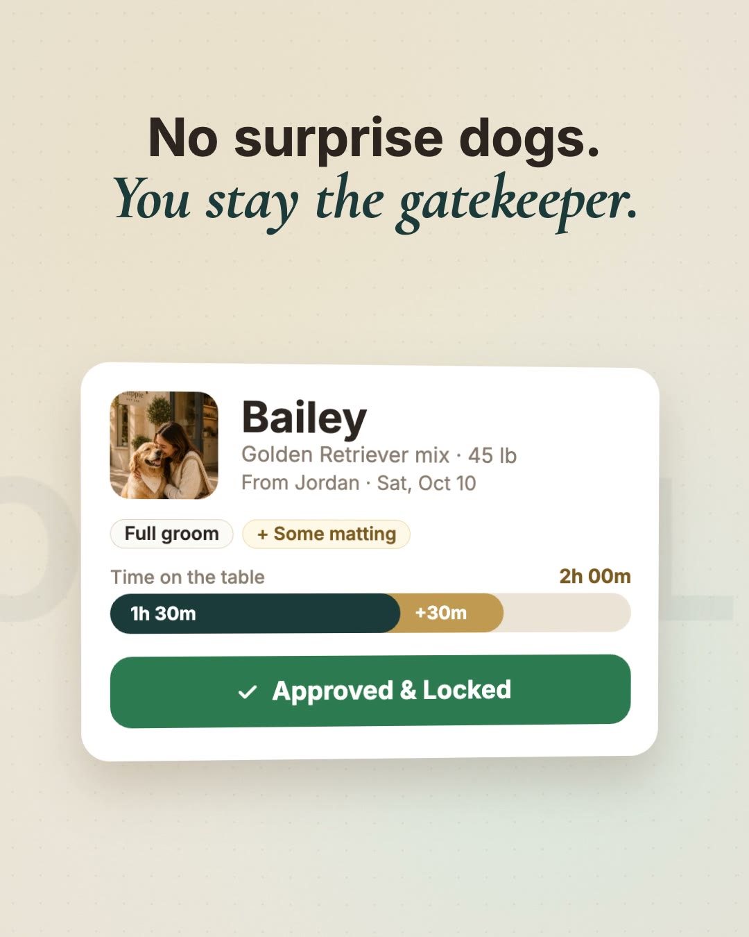 A day in Clippie: a booking request you approve, a packed route, a held deposit, and payout